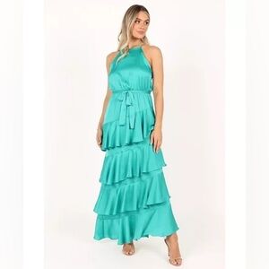 Petal & Pup Annalise Satin Tiered Ruffle Hem Halter Midi Dress Aqua Size US 12